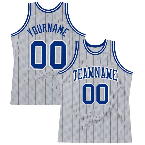 Gray Royal Pinstripe Royal-White Authentic Personalized Basketball Jersey