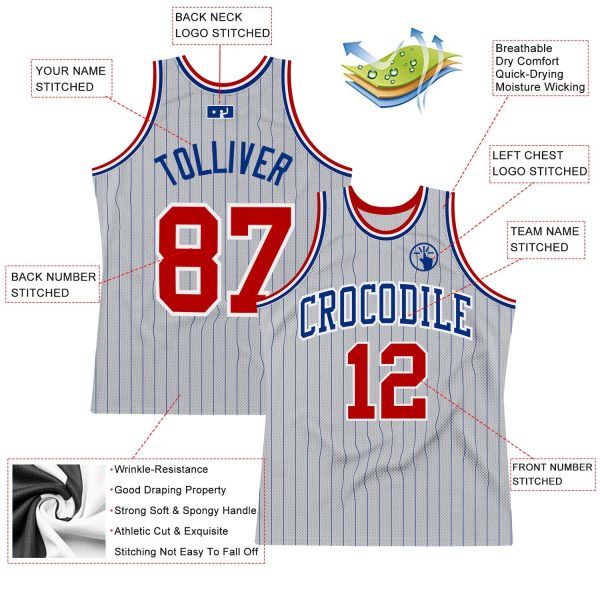 Gray Royal Pinstripe Red-White Authentic Personalized Basketball Jersey - Image 2
