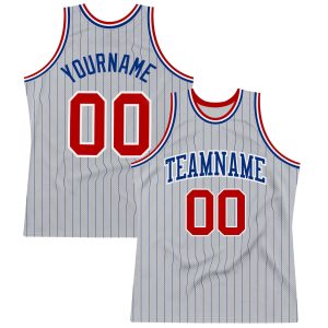 Gray Royal Pinstripe Red-White Authentic Personalized Basketball Jersey