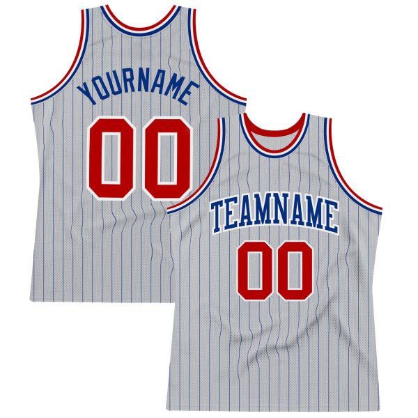 Gray Royal Pinstripe Red-White Authentic Personalized Basketball Jersey