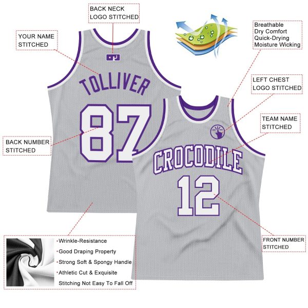 Gray White-Purple Authentic Throwback Personalized Basketball Jersey - Image 2