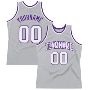 Gray White-Purple Authentic Throwback Personalized Basketball Jersey