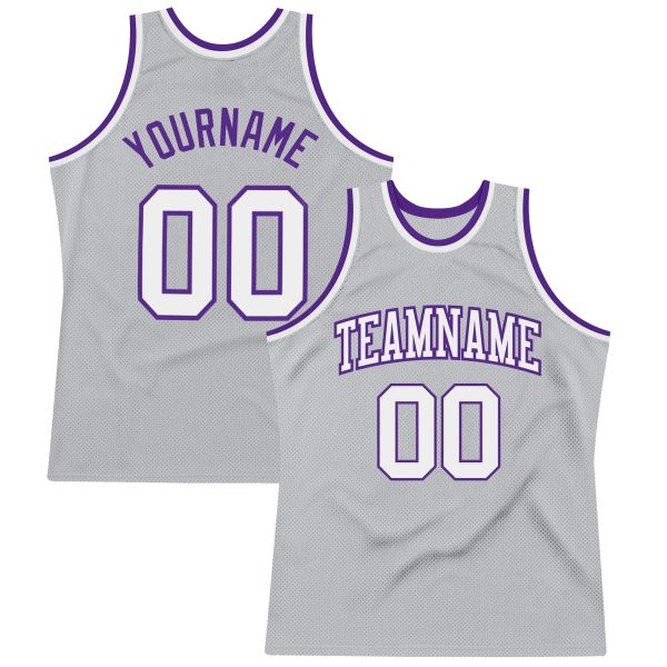 Gray White-Purple Authentic Throwback Personalized Basketball Jersey