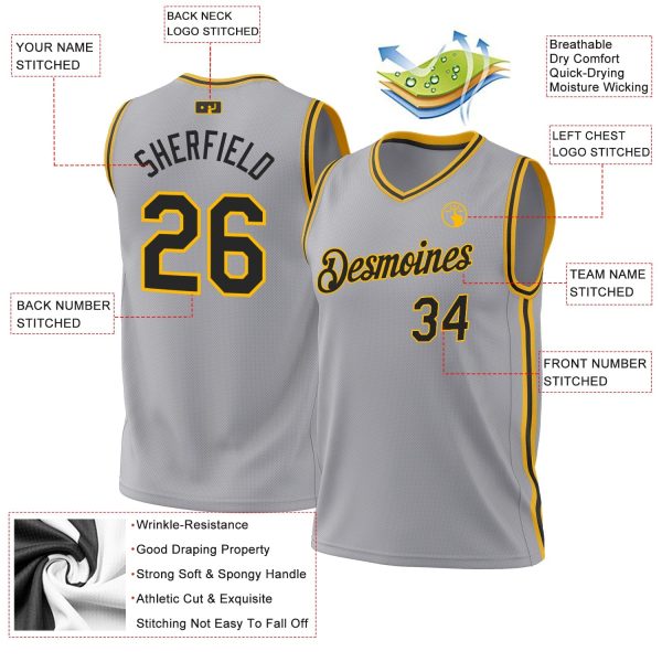 Gray Black-Gold Authentic Throwback Personalized Basketball Jersey - Image 3