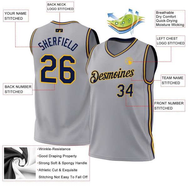 Gray Navy-Gold Authentic Throwback Personalized Basketball Jersey - Image 3