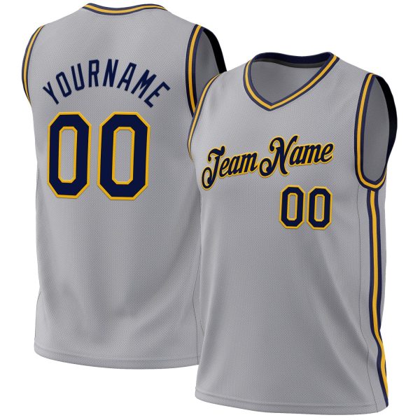 Gray Navy-Gold Authentic Throwback Personalized Basketball Jersey