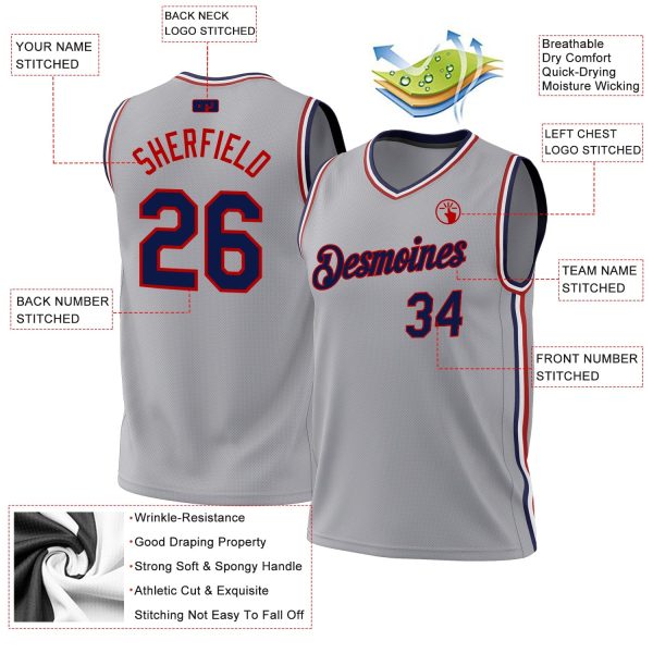Gray Navy-Red Authentic Throwback Personalized Basketball Jersey - Image 3