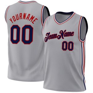 Gray Navy-Red Authentic Throwback Personalized Basketball Jersey