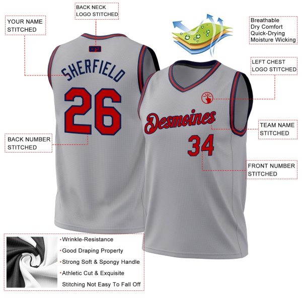 Gray Red-Navy Authentic Throwback Personalized Basketball Jersey - Image 3