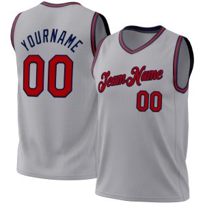 Gray Red-Navy Authentic Throwback Personalized Basketball Jersey