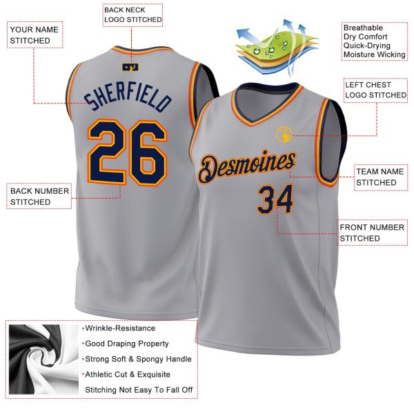Gray Navy Gold-Orange Authentic Throwback Personalized Basketball Jersey - Image 3