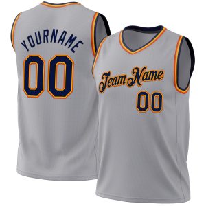 Gray Navy Gold-Orange Authentic Throwback Personalized Basketball Jersey