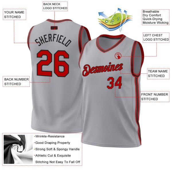 Gray Red-Black Authentic Throwback Personalized Basketball Jersey - Image 3