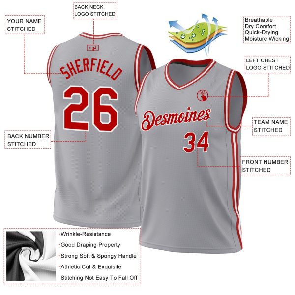 Gray Red-White Authentic Throwback Personalized Basketball Jersey - Image 3