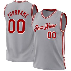 Gray Red-White Authentic Throwback Personalized Basketball Jersey