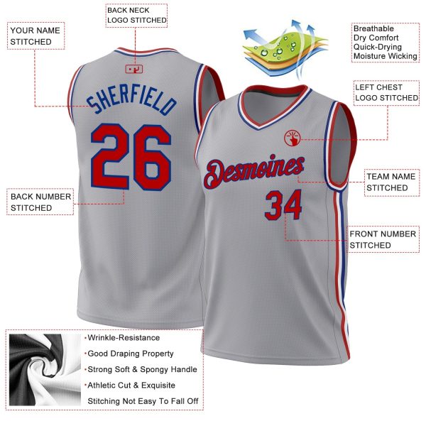 Gray Red-Royal Authentic Throwback Personalized Basketball Jersey - Image 3