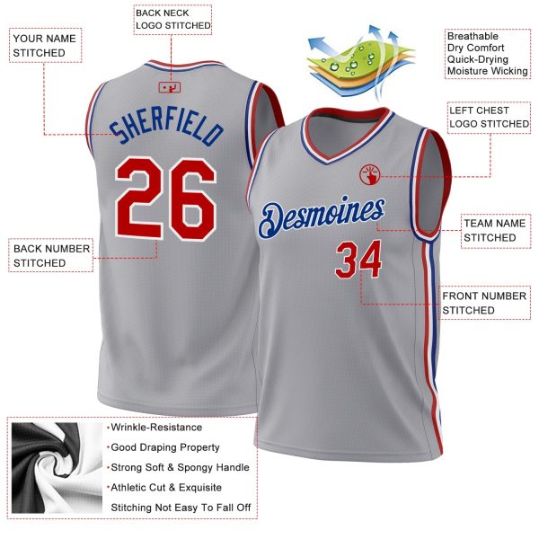 Gray Red-Royal Authentic Throwback Personalized Basketball Jersey - Image 3