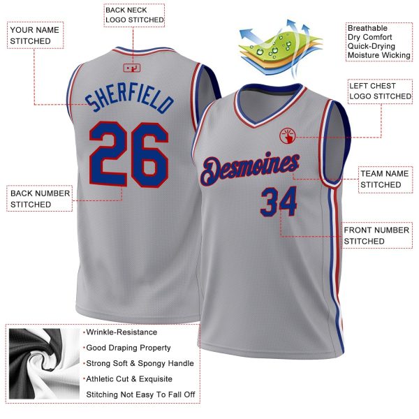 Gray Royal-Red Authentic Throwback Personalized Basketball Jersey - Image 3