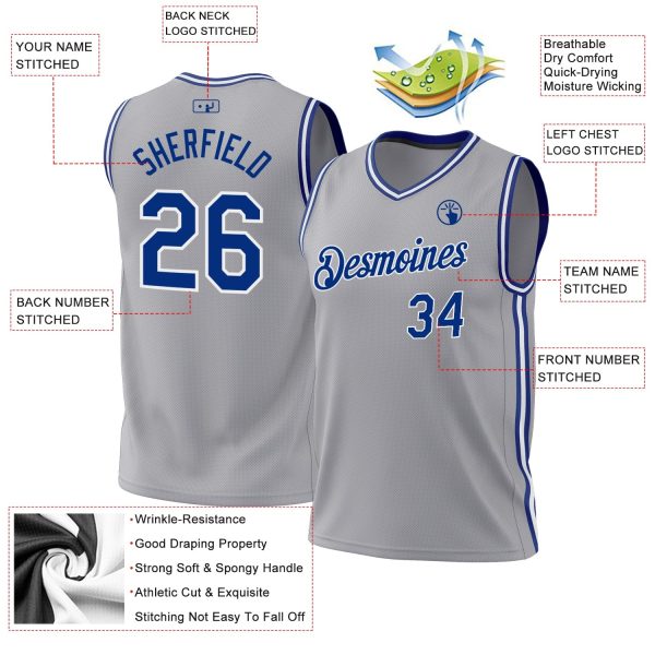 Gray Royal-White Authentic Throwback Personalized Basketball Jersey - Image 3