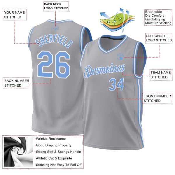 Gray Light Blue-White Authentic Throwback Personalized Basketball Jersey - Image 3