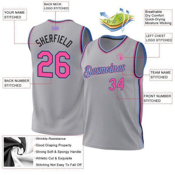 Gray Pink Black-Light Blue Authentic Throwback Personalized Basketball Jersey - Image 3