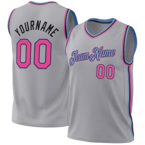 Gray Pink Black-Light Blue Authentic Throwback Personalized Basketball Jersey