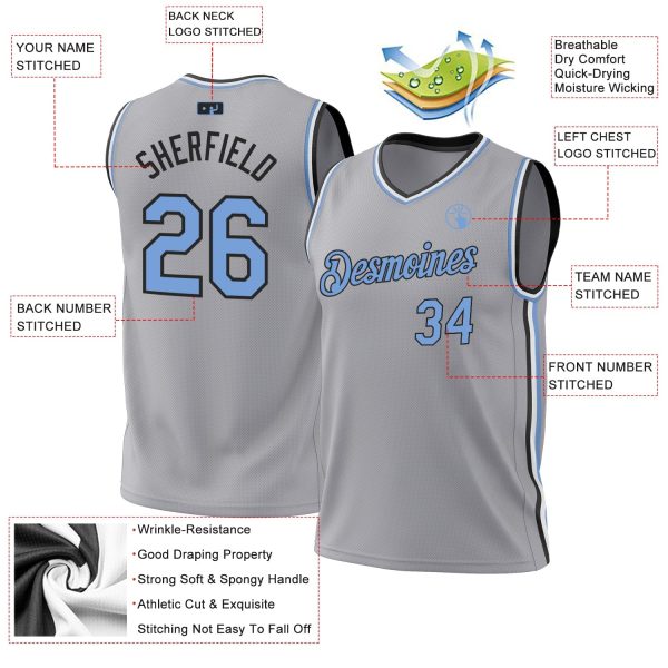 Gray Light Blue-Black Authentic Throwback Personalized Basketball Jersey - Image 3