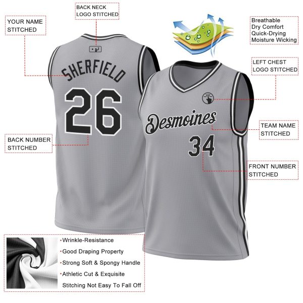 Gray Black-White Authentic Throwback Personalized Basketball Jersey - Image 3