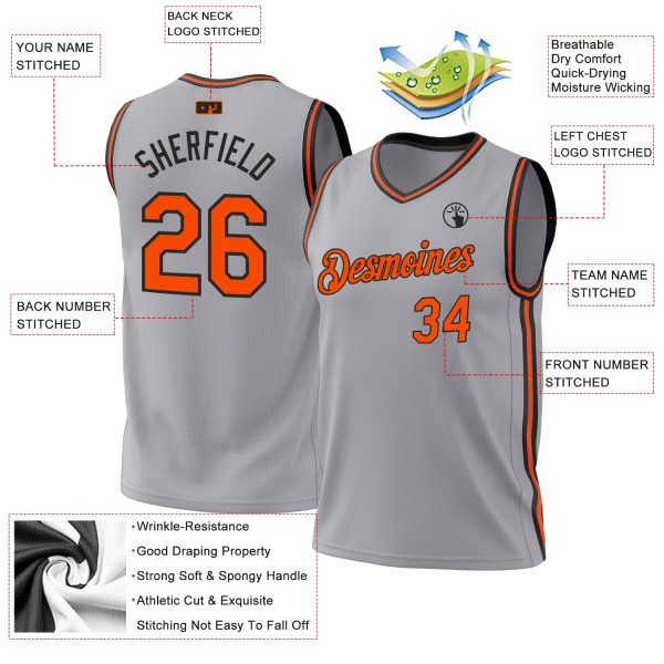 Gray Orange-Black Authentic Throwback Personalized Basketball Jersey - Image 3