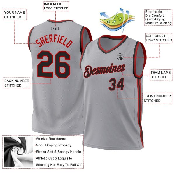 Gray Black-Red Authentic Throwback Personalized Basketball Jersey - Image 3