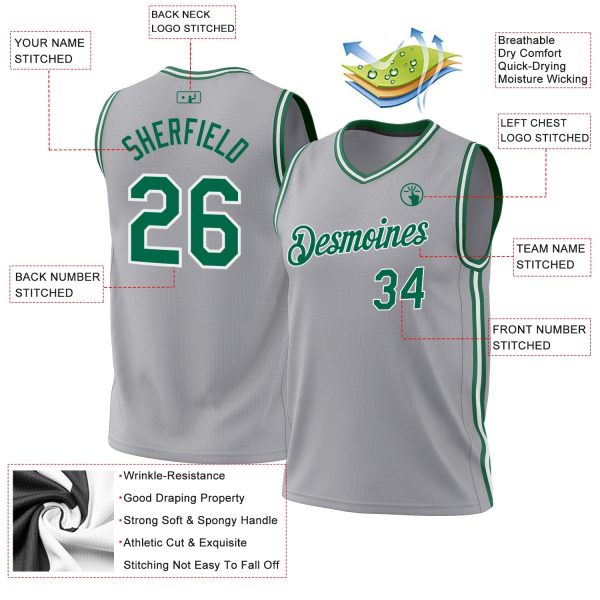 Gray Kelly Green-White Authentic Throwback Personalized Basketball Jersey - Image 3