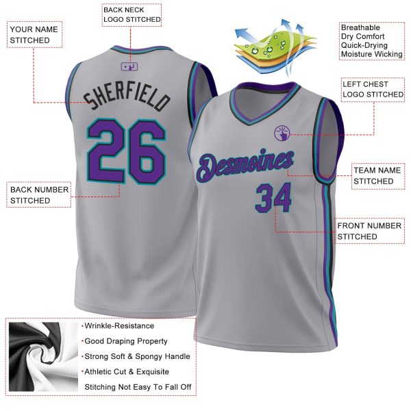 Gray Purple Black-Teal Authentic Throwback Personalized Basketball Jersey - Image 3