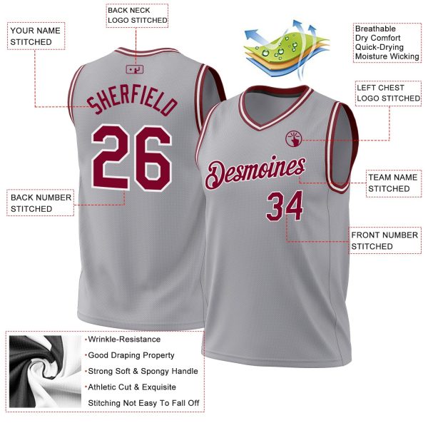 Gray Maroon-White Authentic Throwback Personalized Basketball Jersey - Image 3
