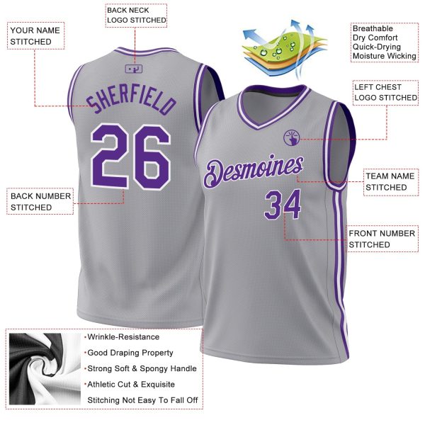 Gray Purple-White Authentic Throwback Personalized Basketball Jersey - Image 3
