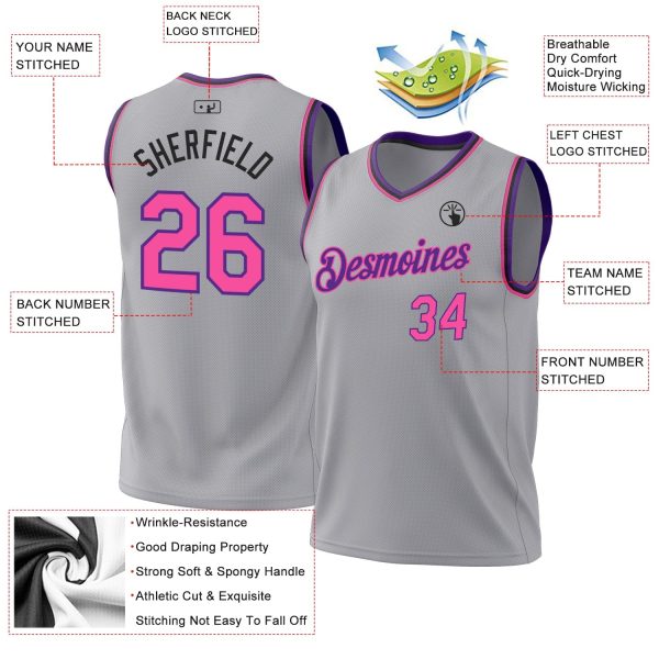 Gray Pink Purple-Black Authentic Throwback Personalized Basketball Jersey - Image 3