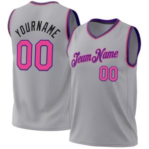 Gray Pink Purple-Black Authentic Throwback Personalized Basketball Jersey