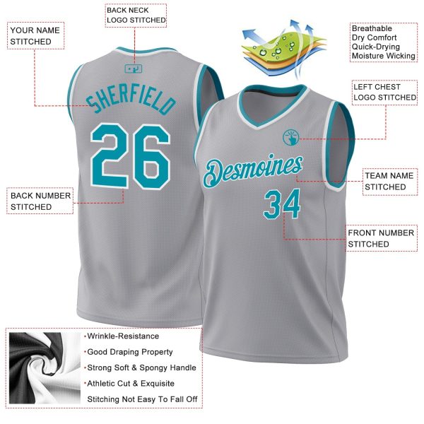 Gray Teal-White Authentic Throwback Personalized Basketball Jersey - Image 3