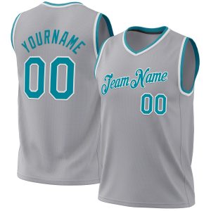 Gray Teal-White Authentic Throwback Personalized Basketball Jersey