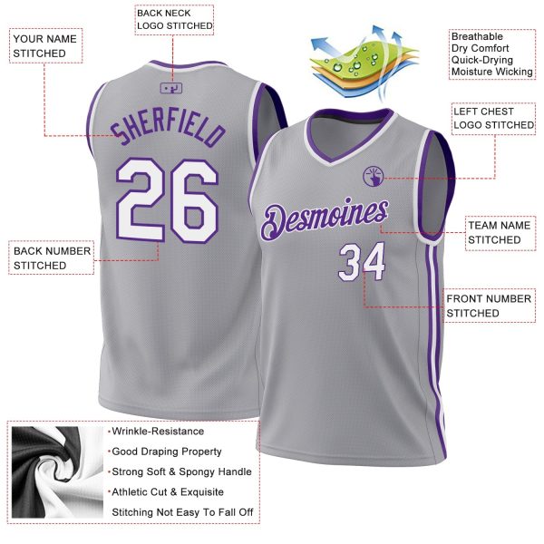 Gray White-Purple Authentic Throwback Personalized Basketball Jersey - Image 3