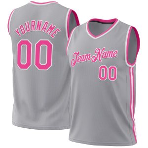 Gray Pink-White Authentic Throwback Personalized Basketball Jersey