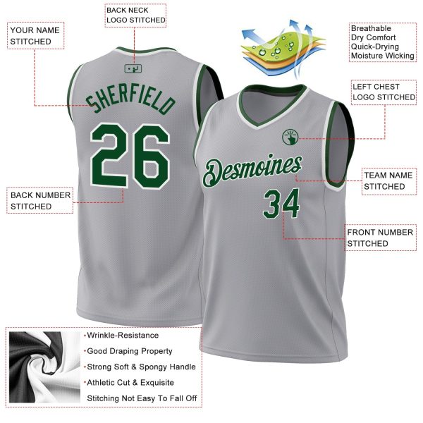 Gray Green-White Authentic Throwback Personalized Basketball Jersey - Image 3