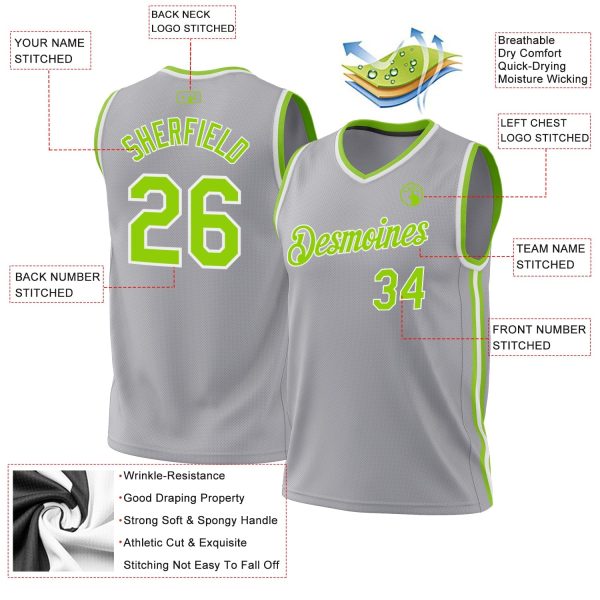 Gray Neon Green-White Authentic Throwback Personalized Basketball Jersey - Image 3