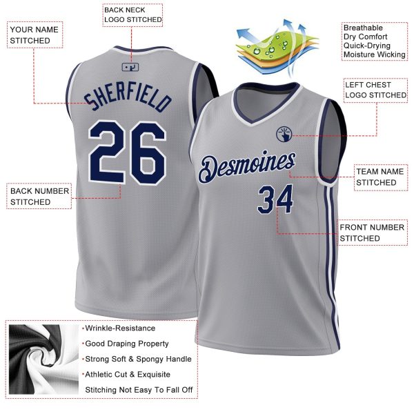 Gray Navy-White Authentic Throwback Personalized Basketball Jersey - Image 3