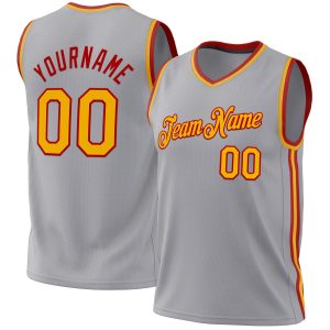 Gray Gold-Red Authentic Throwback Personalized Basketball Jersey