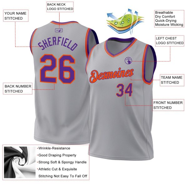Gray Purple-Orange Authentic Throwback Personalized Basketball Jersey - Image 3