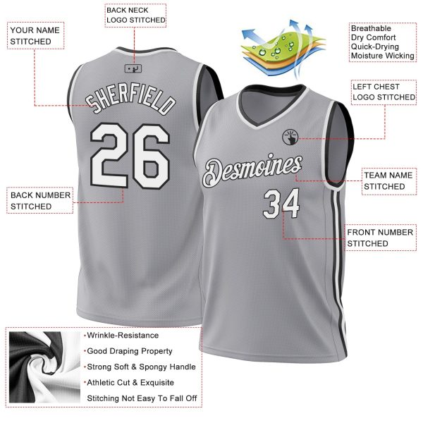 Gray White-Black Authentic Throwback Personalized Basketball Jersey - Image 3