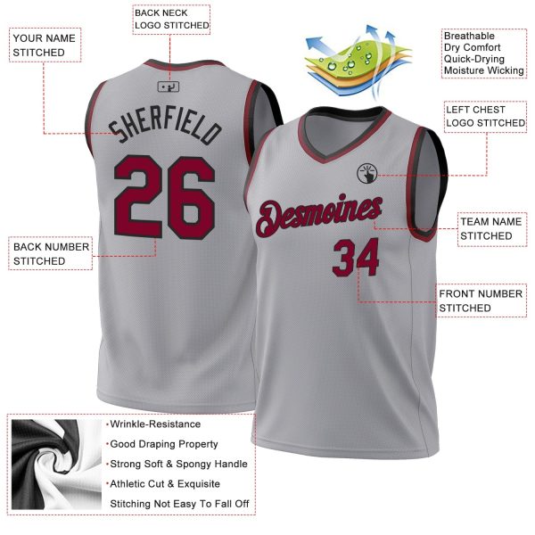 Gray Maroon-Black Authentic Throwback Personalized Basketball Jersey - Image 3