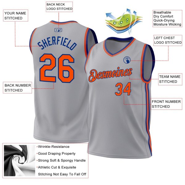 Gray Orange-Royal Authentic Throwback Personalized Basketball Jersey - Image 3
