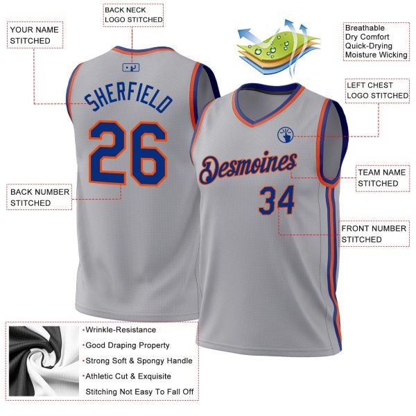 Gray Royal-Orange Authentic Throwback Personalized Basketball Jersey - Image 3