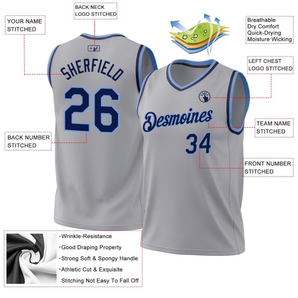 Gray Navy-Light Blue Authentic Throwback Personalized Basketball Jersey - Image 3